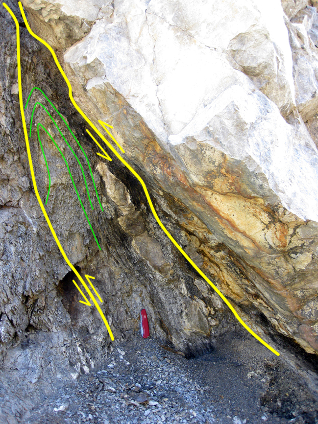 Howard Allen's annotation of the drag fold seen in shale below the French Thrust.